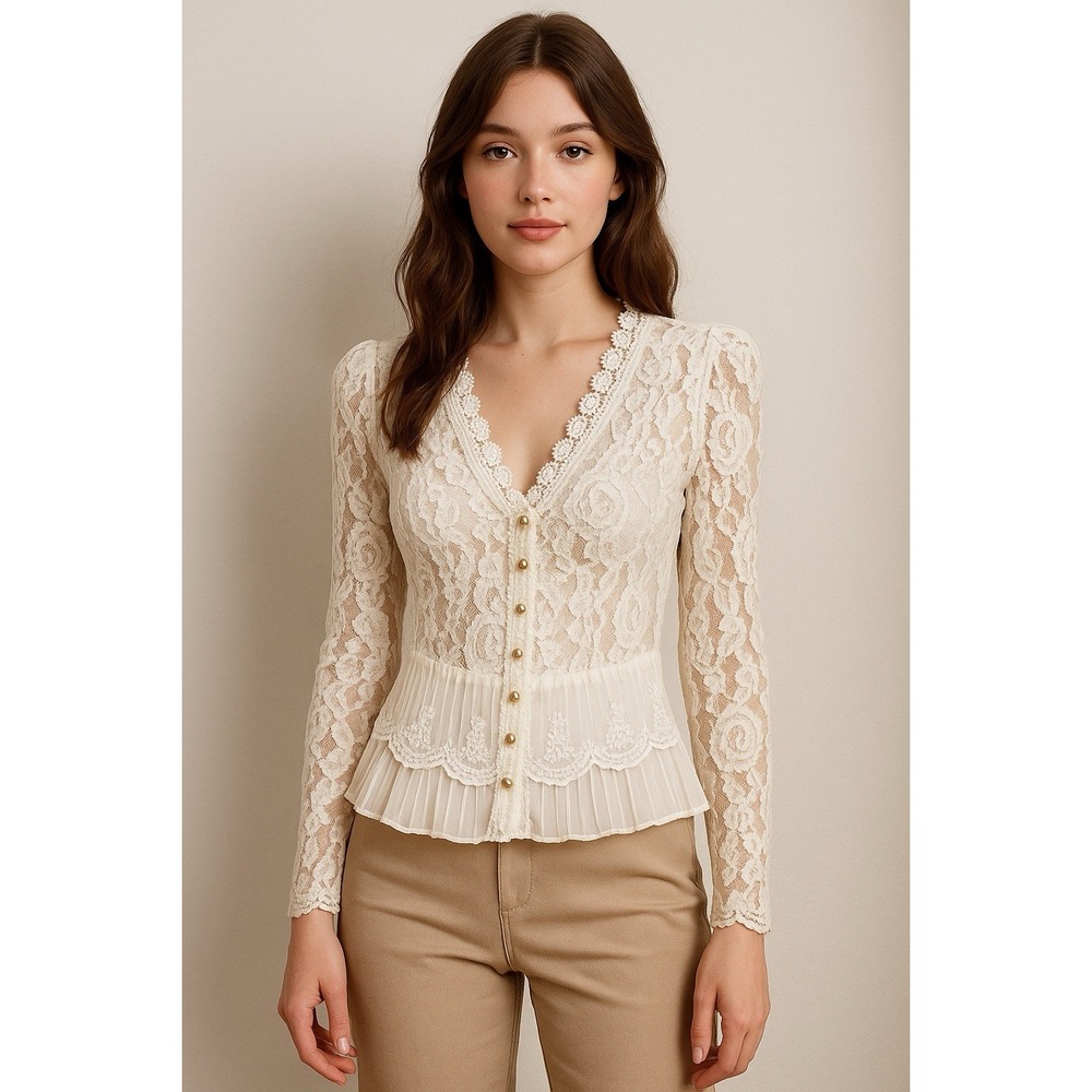 Vtg Lace Blouse Womens L White Sheer Gold Button Edwardia Victorian Romantic 90s